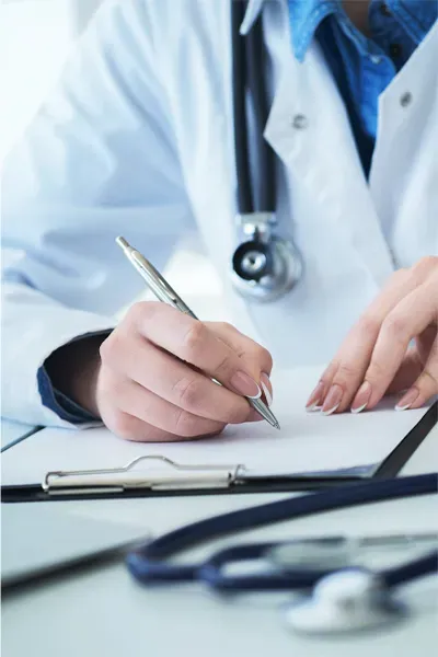 Advanced-Diagnostic-Testing-Treatment Close up of a doctor in a white coat, writing on a notepad, representing functional medicine testing offered by Richard Conlen, MD, FACOG in Boca Raton.