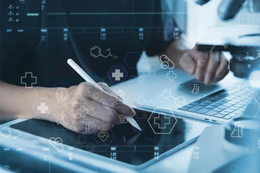 Health-Conditions-Treated-Doctor Close-up of a medical professional using a laptop and tablet, with illustrated medical symbols overlayed on the image, symbolizing health conditions treated by Richard Conlen, MD, FACOG in Boca Raton.